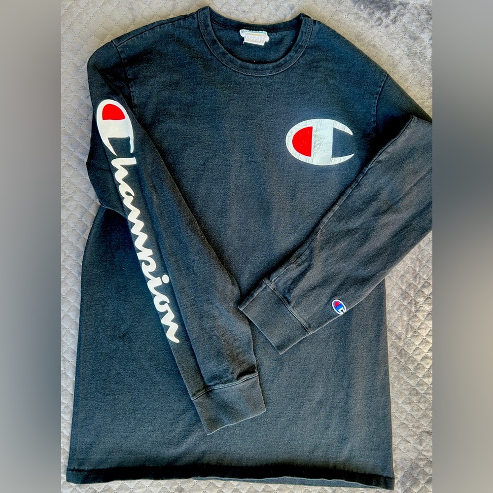 Champion Black Long Sleeve Logo Tee | Large | Sleeve Script